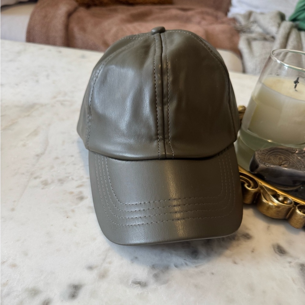 World Market Olive Green Leather Cap